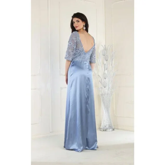 Dusty Blue Formal Long Bateau Neck3/4 Sleeve Sheath Dress By May Queen MQ1969